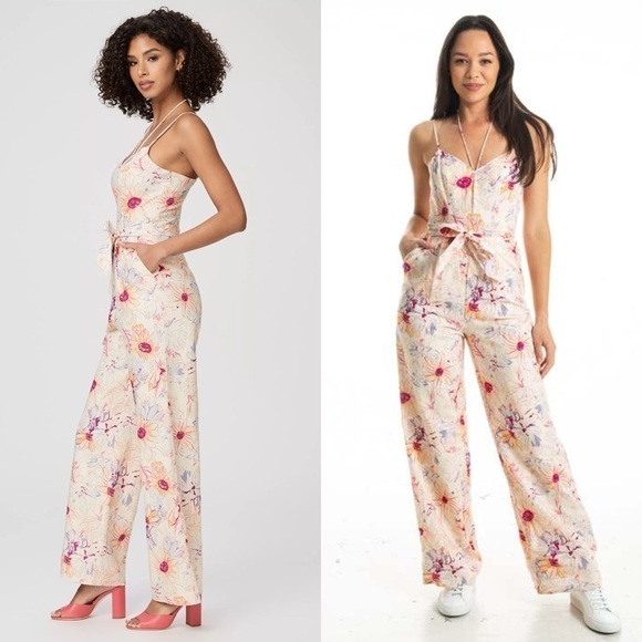 PAIGE X LIBERTY Floral Linen Sleeveless Belted Tie Neck Wide Leg Jumpsuit 4 - Picture 2 of 13
